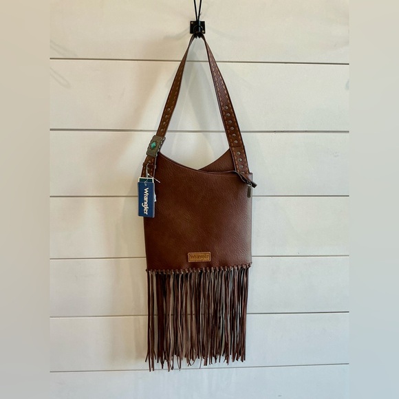 Wrangler Handbags - Wrangler Brown Fringe Shoulder Bag with Studded Strap